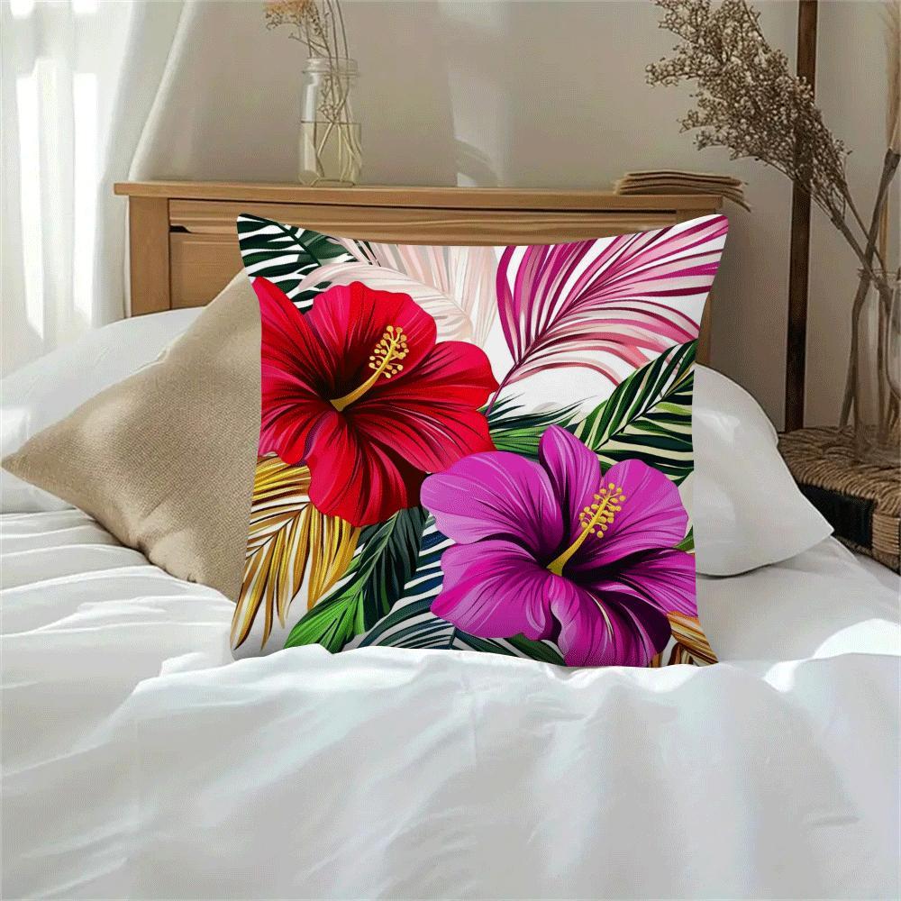 1 piece of chic hibiscus and palm print pillowcase, measuring 45.01cm, made of polyester with a zippered closure. This cushion cover is machine washable and features an all-season floral theme, perfect for adding a touch of style to your sofa or bedroom