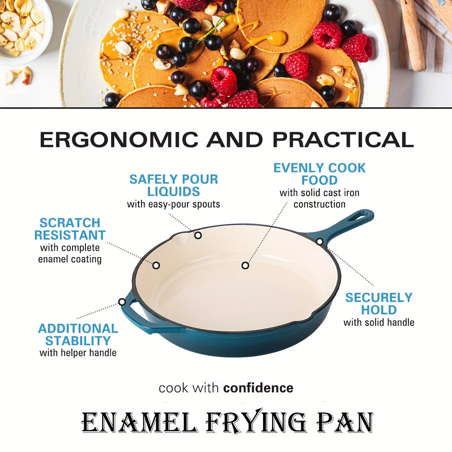 1 piece of cast iron fry pan with a pour spout, round in shape. This versatile fry pan is perfect for cooking on the stove or in the oven. With its enamel coating and heat-safe properties up to 400 degrees, this fry pan heats evenly and is a essential