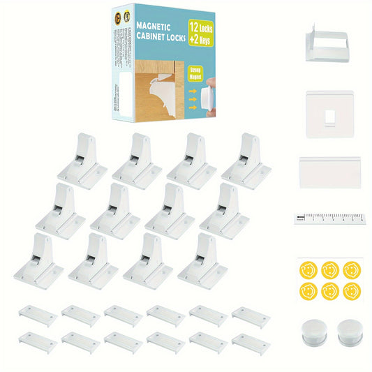 "[Highly Rated] Set of 12 Child Safety Magnetic Cabinet Locks with Keys - No Drilling Required, Childproofing for Drawers & Cupboards, Secure Invisible Adhesive, Safe White Plastic, Ideal for Kitchen Cabinets and Drawers