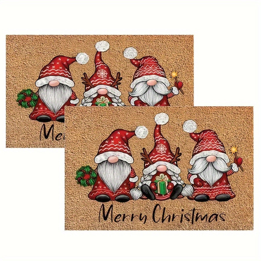 1 or 2 pieces of Christmas Gnome Welcome Doormat, designed for indoor and outdoor use. This washable low pile mat features non-slip rubber backing and is absorbent, making it suitable for use as a bath mat, RV mat, farmhouse kitchen rug, or in the