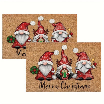 1 or 2 pieces of Christmas Gnome Welcome Doormat, designed for indoor and outdoor use. This washable low pile mat features non-slip rubber backing and is absorbent, making it suitable for use as a bath mat, RV mat, farmhouse kitchen rug, or in the