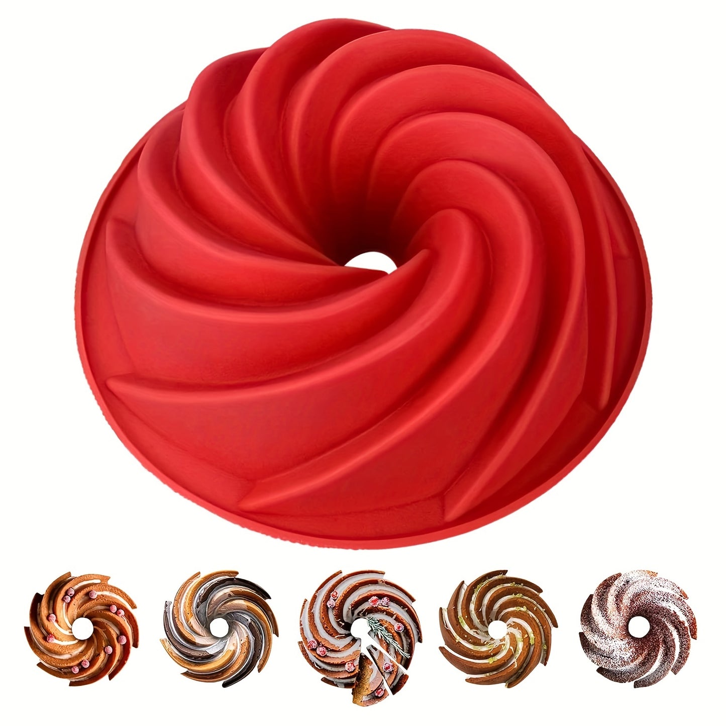 1 piece of Bunte Cake Pan (24.13cm) made of silicone for gelatinas, cakes, and breads. The nonstick pan features a spiral design, perfect for birthday parties.