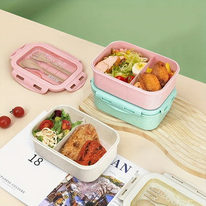 1 lunch box container with 2 sections and a modern design. Comes with a built-in utensil set and is microwaveable (lid must be removed before heating). Perfect for back to school, class, college, school supplies, kitchen organization, and storage. Also