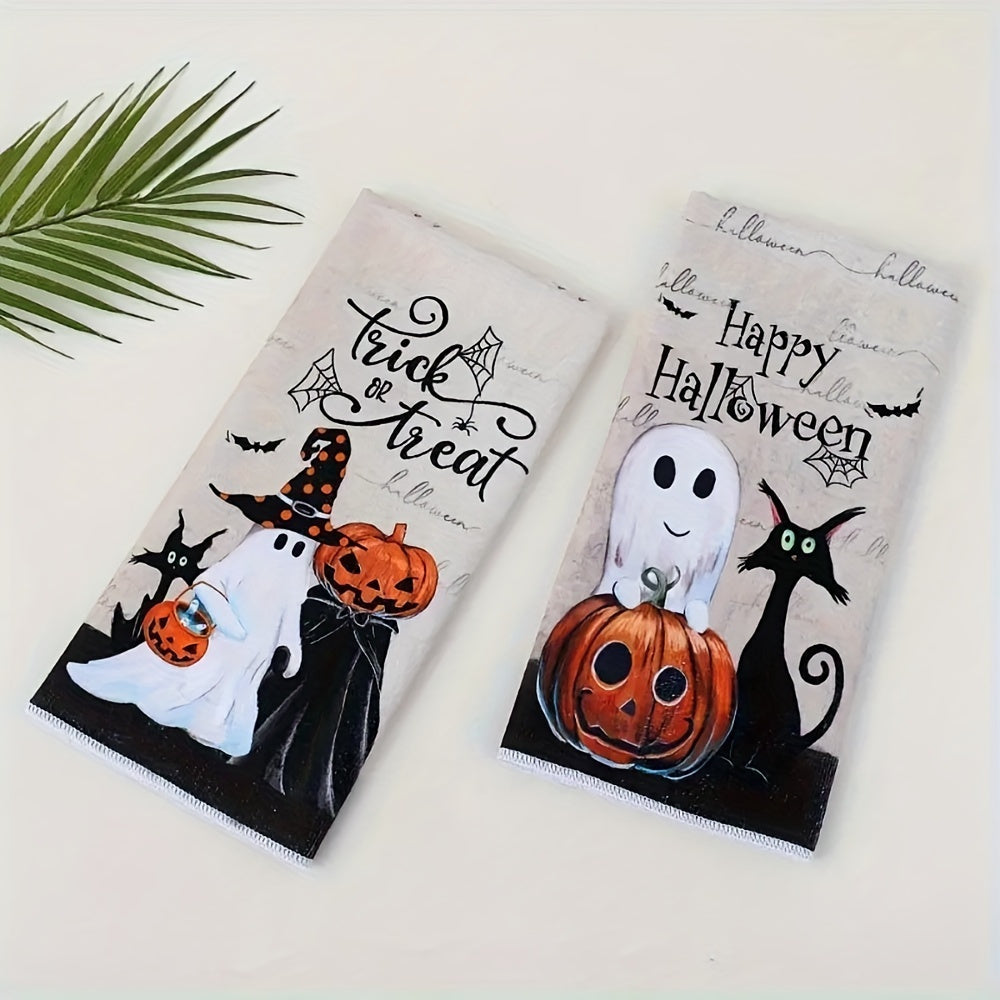 1 piece Halloween kitchen towel made of polyester microfiber that is super absorbent and constructed with non-woven fabric. This machine washable towel features a vintage pumpkin and ghost design, making it perfect for use as a multipurpose dish cloth