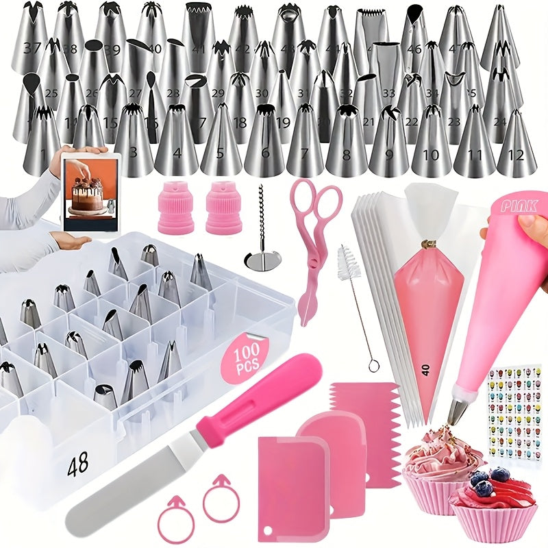 - "Set of 100 Stainless Steel Icing Piping Nozzles, Cake Decorating Tips, and Metal Pastry Tools with Storage Case - Ideal for Baking and Cake Design