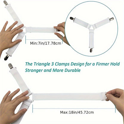 1 piece of bed sheet fixer strap with 4 pieces of fasteners. This adjustable triangle clip is designed to prevent bed sheets from slipping and ensures a secure fit.