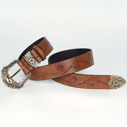 #N085 Wide 3.8cm Retro Carved Flower Print Women's Belt in Dark Brown and Light Brown - Perfect for Autumn and Winter. This versatile y2k belt can be dressed up with jeans, suits, and long skirts. A must-have accessory for girls, great for holiday gifts