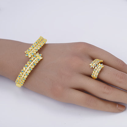 Middle Eastern women's heavy work inlaid zirconia leaf ring and bracelet set jewelry, perfect for bridal clothing accessories or as a Mother's Day gift during summer. The set includes one elegant ring and one stunning bangle.