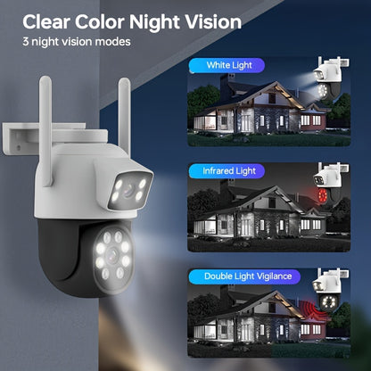 Zhxinsd 4MP Dual Lens Security Camera features 2.4/5GHz WiFi connectivity, motion detection, indoor/outdoor wireless home surveillance, 2-way audio, full color night vision, and is USB powered. Suitable for ages 14 and up, this camera does not require a