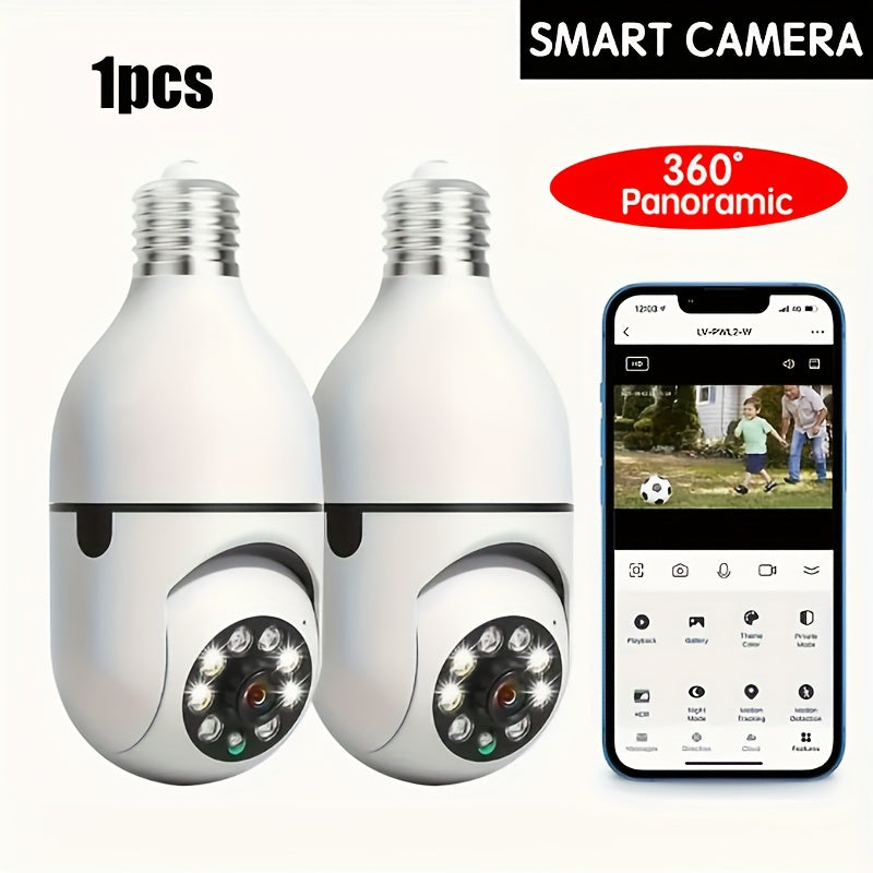 YIIYRY E27 Motion Detection Bulb Camera offers a 360° Panoramic View, Two-Way Audio, 480p HD Resolution, Wi-Fi Connectivity, Hardwired Connection, Tablet Compatibility, and is ideal for Home Security, suitable for individuals aged 14 and above.