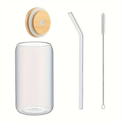 1 pack including 4 pieces: bamboo lids, straws, cleaning brushes, glass water cups, high borosilicate glass cups for cold and hot drinks, as well as glass cups with lids. Ideal for milk tea and fruit juice beverages.