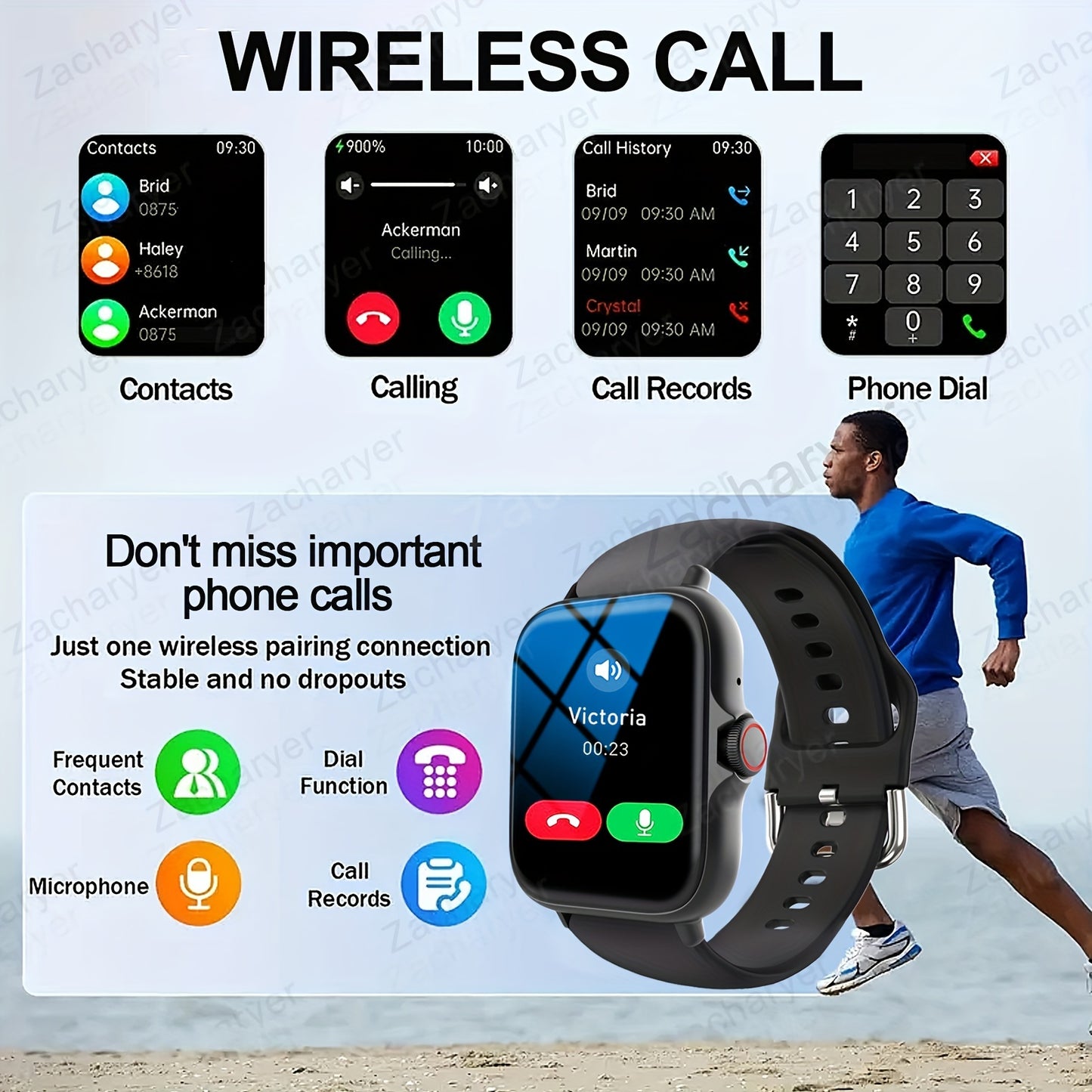 Zacharyer Smartwatch is a versatile and stylish smart sports watch with a full touch screen. It allows you to answer and make calls, receive message reminders, and customize your dial wallpaper. This watch is suitable for both men and women and is