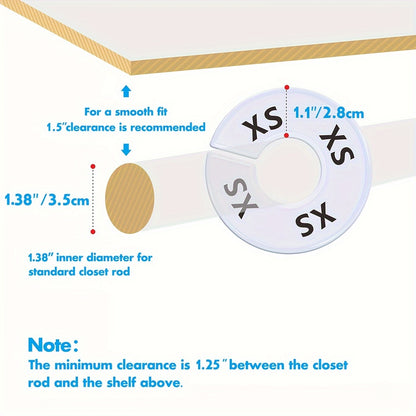 - Set of 8 or 40 Round White Plastic Clothing Size Closet Rack Dividers Hangers
- Preprinted with 8 sizes: XXS, XS, S, M, L, XL, XXL, XXXL
- Outer diameter: 3.5 inches, Inner diameter: 1.38 inches