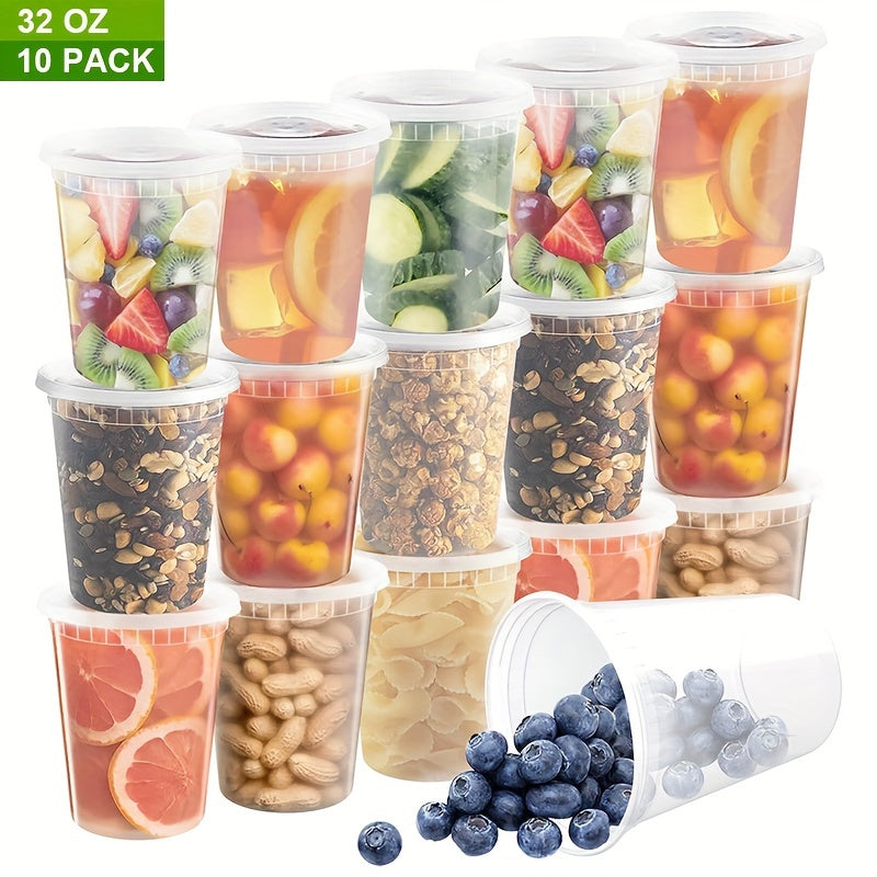 - 10 sets of 32 oz plastic food containers with lids
- Containers are sealed and suitable for freezing and dishwashing
- Ideal for soup, takeout meal preparation, and storage