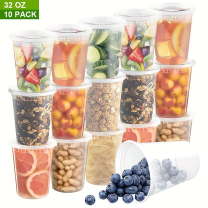 - 10 sets of 32 oz plastic food containers with lids
- Containers are sealed and suitable for freezing and dishwashing
- Ideal for soup, takeout meal preparation, and storage