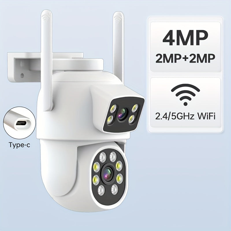 ZHXINSD Dual Lens Security Camera offers 4MP Wireless WiFi connection, Auto Tracking feature, Color Night Vision, Two-Way Audio communication, 360° Pan Tilt functionality, and is USB Powered for convenience.