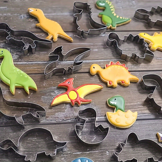 A set of 10 stainless steel dinosaur cookie cutters, perfect for creating fun shapes for baking with kids. These DIY kitchen tools can also be used for cake decoration, making them ideal for children's dinosaur-themed birthday parties.