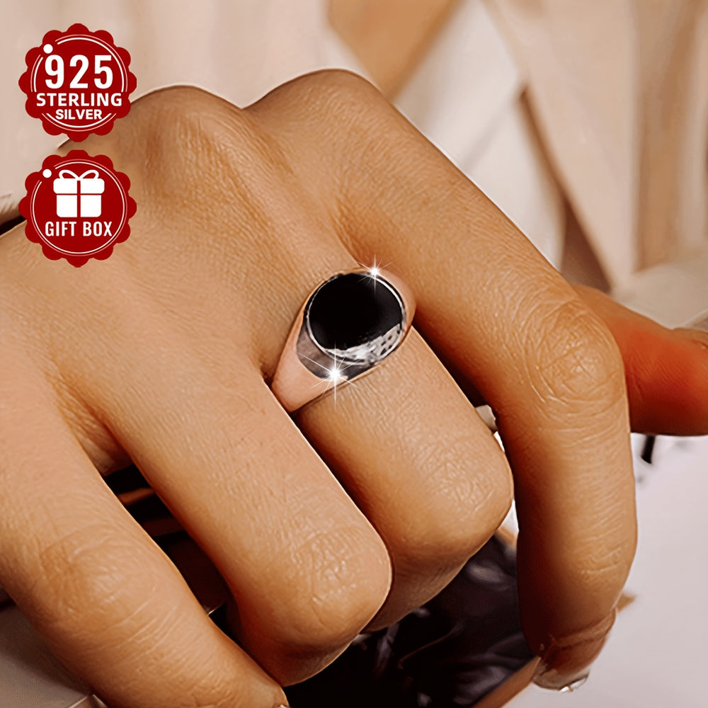 [Top Pick] Stylish S925 Sterling Silver Couple's Rings - Classic Black Enamel Band & Sleek Square Beveled Edge Ring, Perfect for Everyday Wear & Special Occasions, Comes with Gift Box, Timeless Design, Round Shape, Lightweight at 4.4g