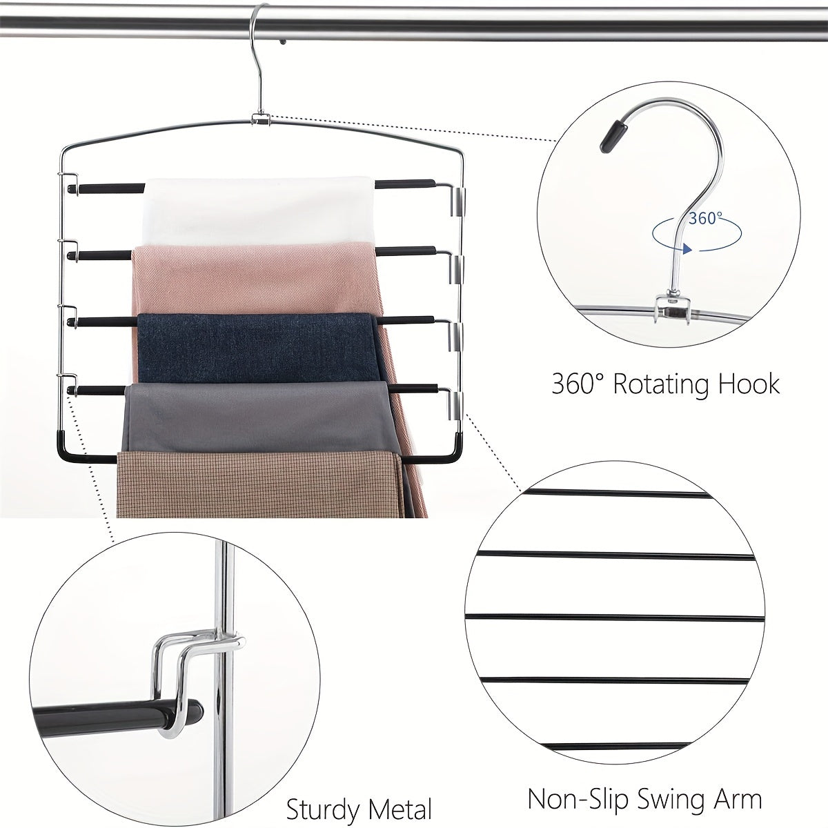 1 count of a 5-tier metal pants hanger with no-slip features, designed for durability and suitable for hanging ties, pants, and scarves. This household organizer saves space in closets, wardrobes, homes, and dorms.