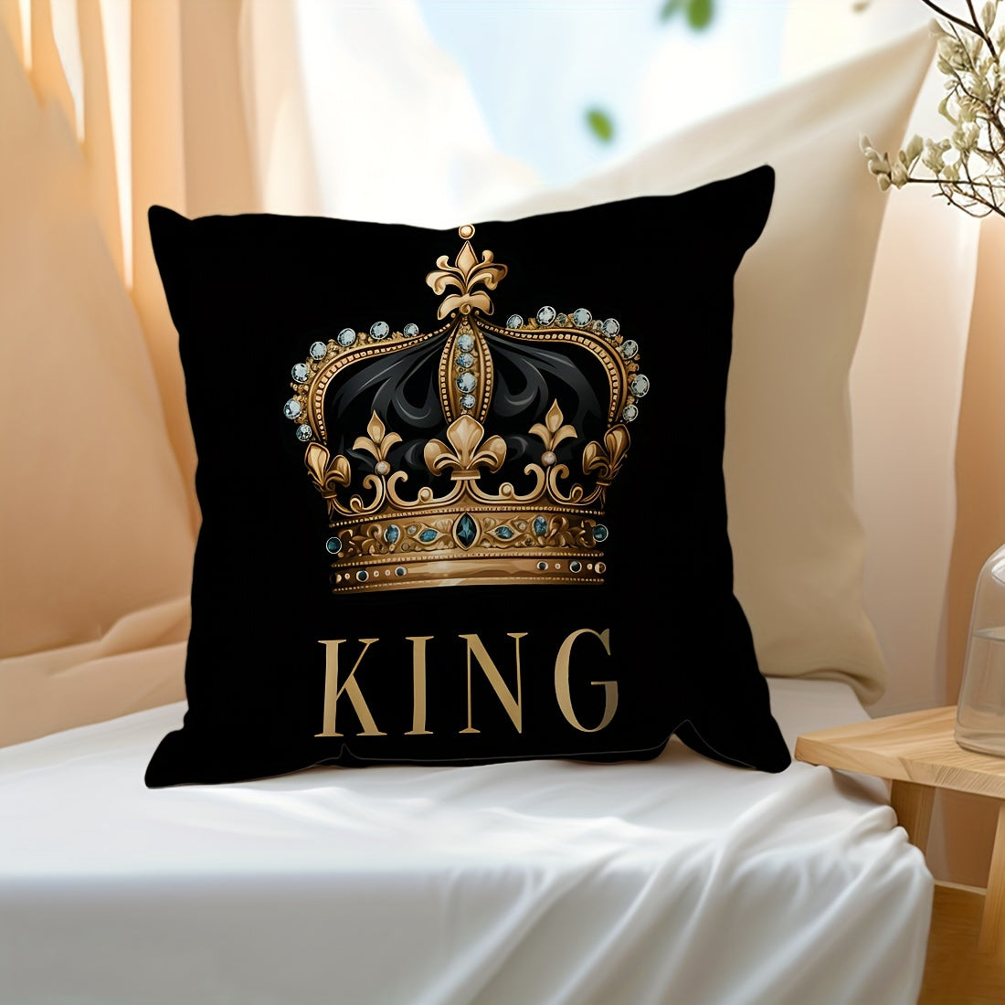 [Best-Selling] Set of 1 or 2 45x45cm Peach Skin Pillowcases with Black Background, Golden Crown King and Queen Design. Perfect for Car Seat Cushions, Living Room Sofas, Bedroom Pillows, Bedside Backrests, or Home Decor. Single-Sided Printing, Pillow Core