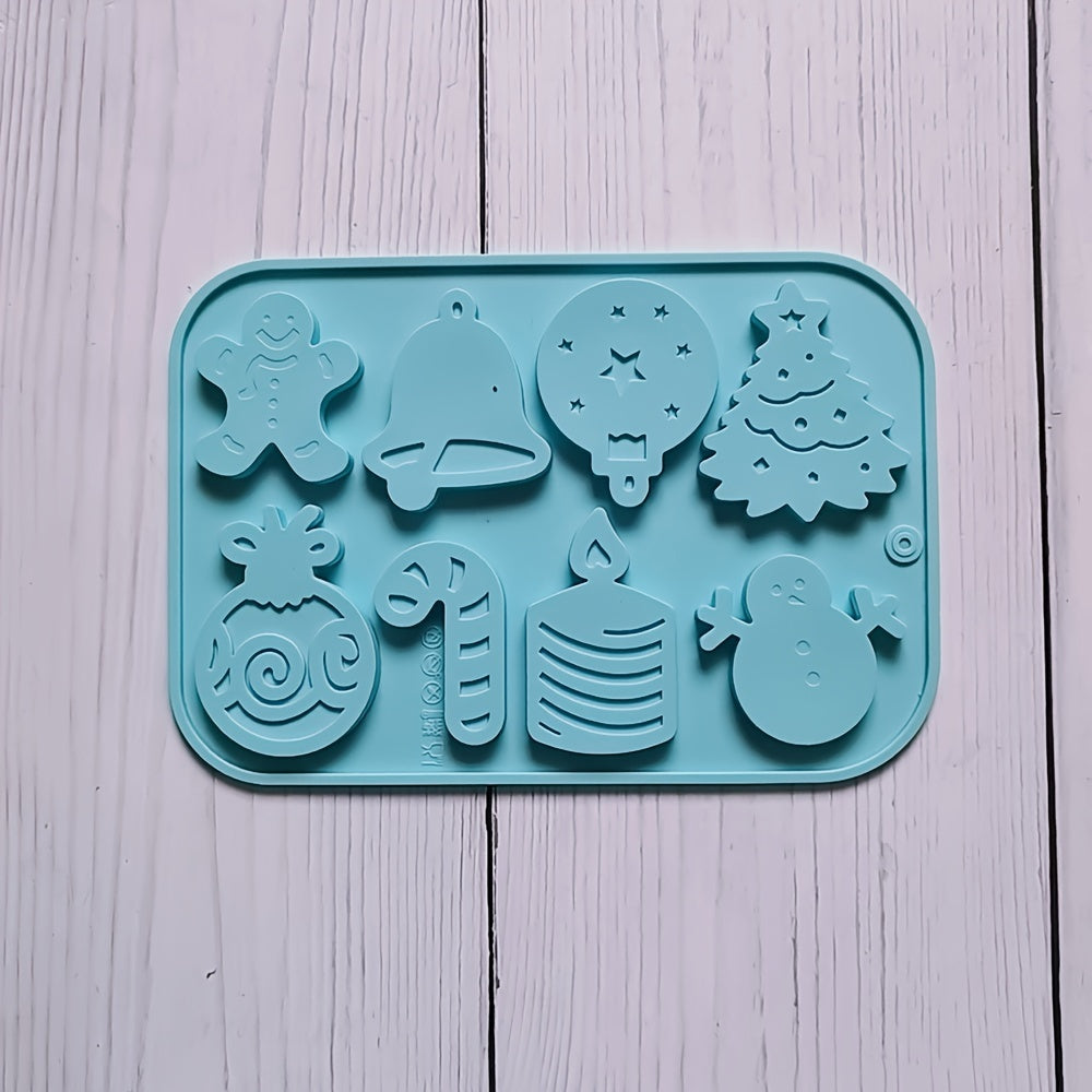 1 piece of Christmas Silicone Cookie Mold with 8 cavities, featuring shapes of Christmas tree, elk, bell, and snowman. This versatile mold can be used to make cakes, chocolates, biscuits, candies, jellies, and puddings. Perfect for creating festive