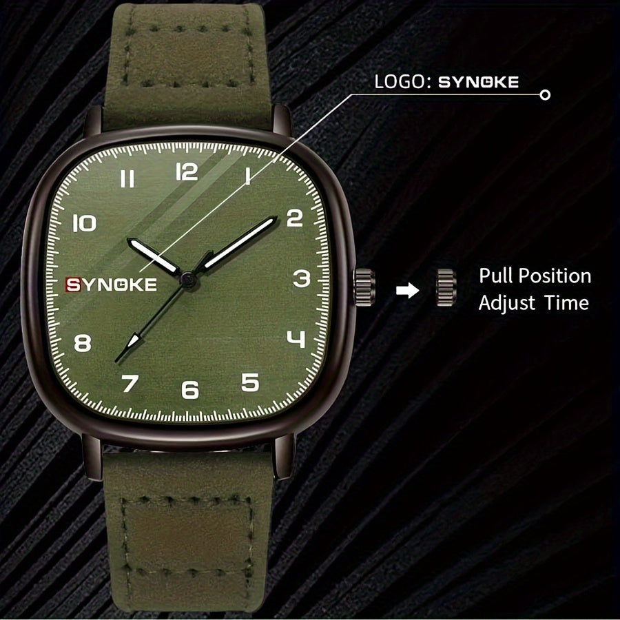 [Bestseller] Retro Army Green Men's Quartz Watch, Minimalistic Sports Design, Square Alloy Case, Synthetic Leather Strap, Not Waterproof, Quartz Movement, Basic Sports Style, Square Alloy Case, Synthetic Leather Strap