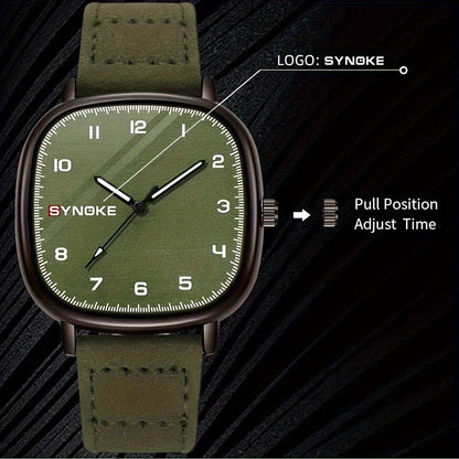 [Bestseller] Retro Army Green Men's Quartz Watch, Minimalistic Sports Design, Square Alloy Case, Synthetic Leather Strap, Not Waterproof, Quartz Movement, Basic Sports Style, Square Alloy Case, Synthetic Leather Strap