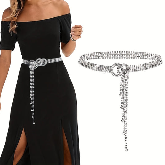 Y2K Waist Chain with Double O-Ring Rhinestone Waistband, Sparkling Elegant Decorative Dress Girdle Belt for Women