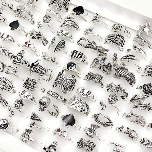 Yicen presents a set of 30 hip-hop style women's rings, featuring vintage designs in silvery alloy material. Adorned with punk heart, flower, skull, butterfly, and Tai Chi motifs, these rings make for unique jewelry pieces perfect for parties or