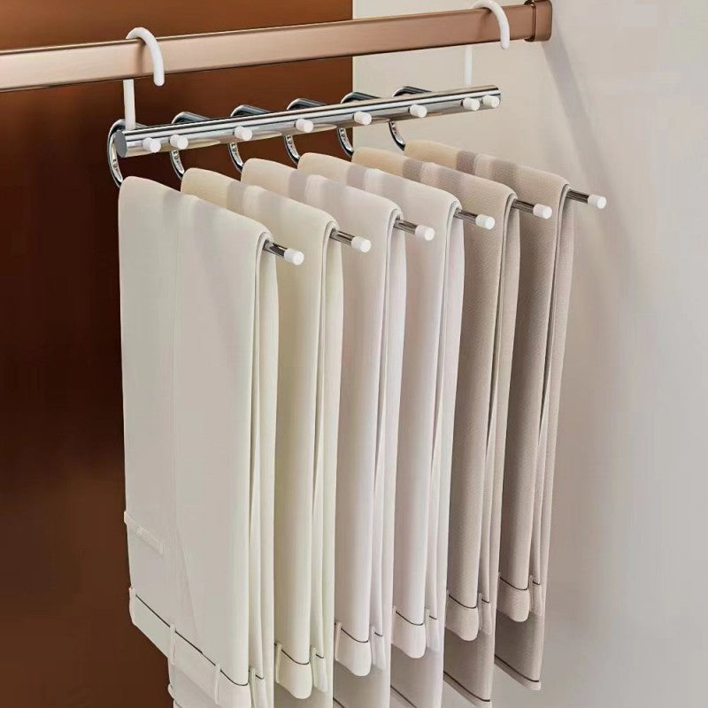 1 or 2 pieces of a 6-layer stainless steel clothes rack that can be folded for storage. Perfect for organizing pants, ties, scarves, belts, bras, dresses, and other clothes in the bedroom, balcony, dorm, or back to college. A must-have essential for any