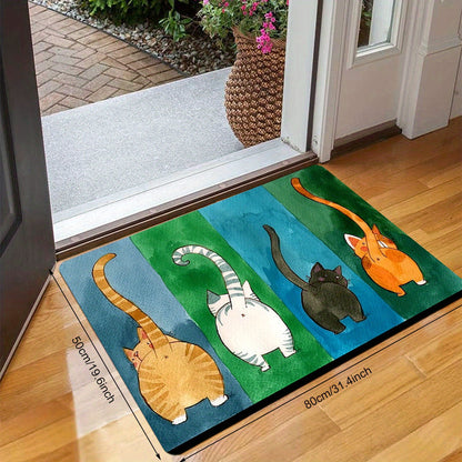 1 piece of a cute cat butt door mat that is anti-slip and dirt resistant, perfect for welcoming guests at your entrance. This non-slip bath rug can be used indoors or outdoors, making it an easy-to-clean patio entrance mat for all seasons.