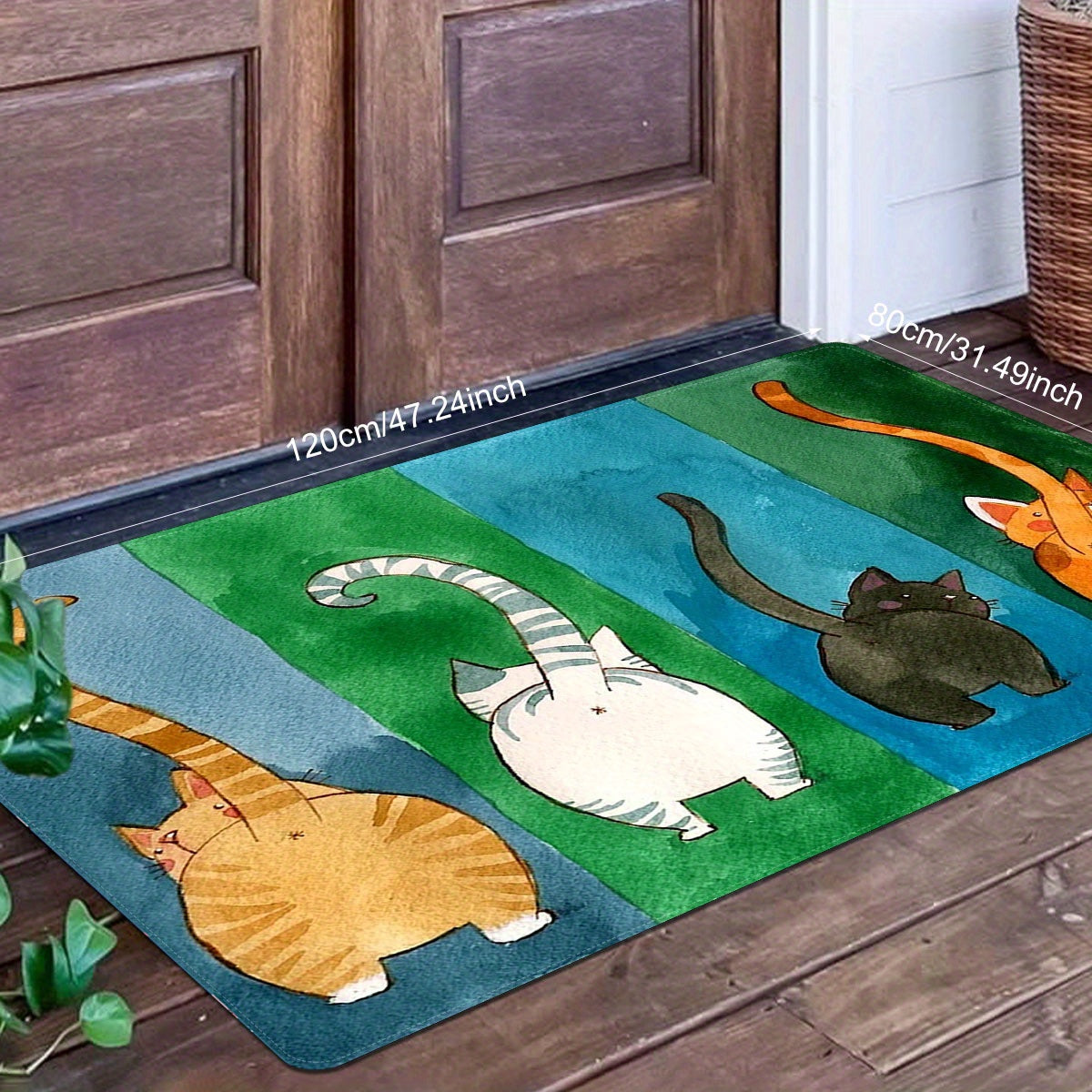 1 piece of a cute cat butt door mat that is anti-slip and dirt resistant, perfect for welcoming guests at your entrance. This non-slip bath rug can be used indoors or outdoors, making it an easy-to-clean patio entrance mat for all seasons.