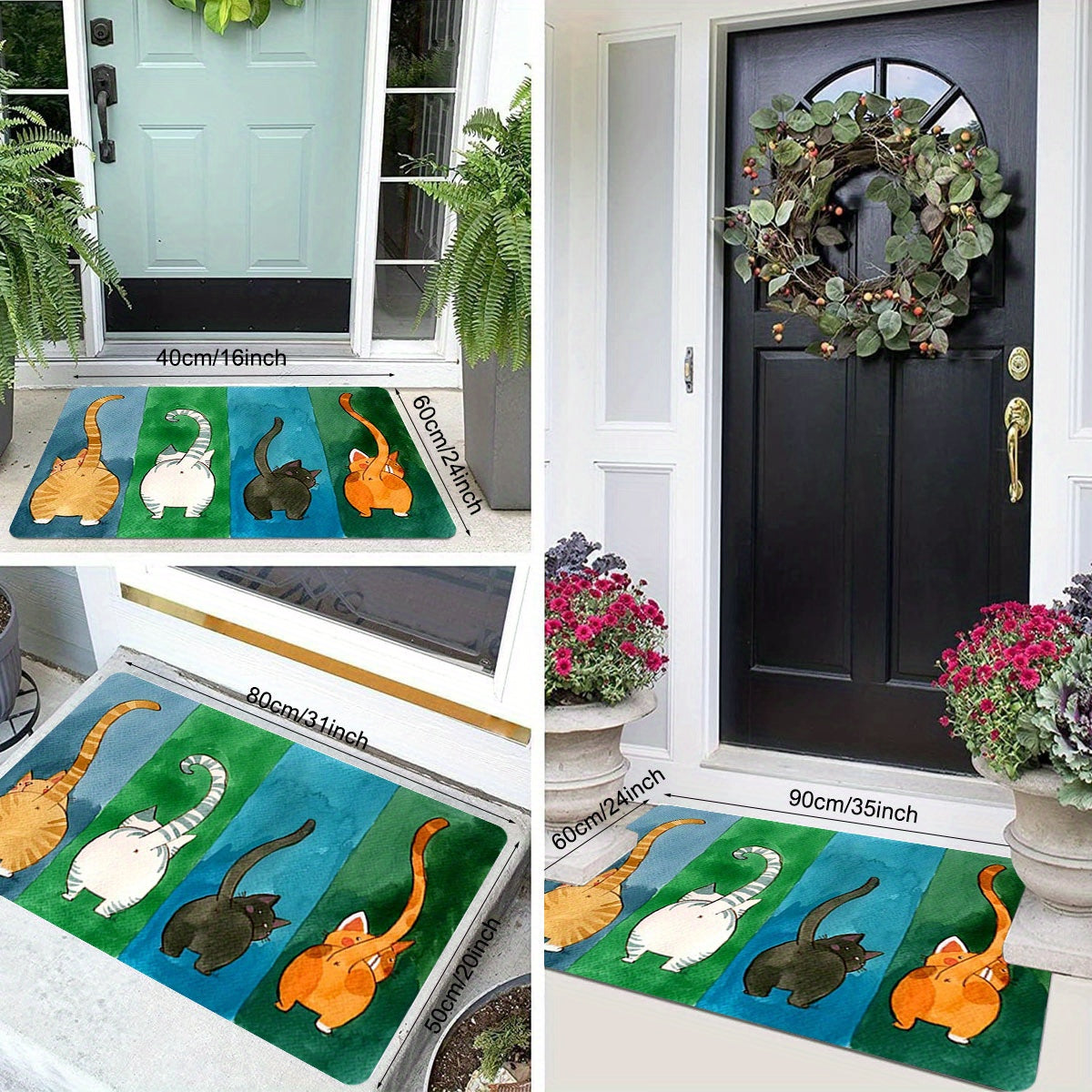 1 piece of a cute cat butt door mat that is anti-slip and dirt resistant, perfect for welcoming guests at your entrance. This non-slip bath rug can be used indoors or outdoors, making it an easy-to-clean patio entrance mat for all seasons.