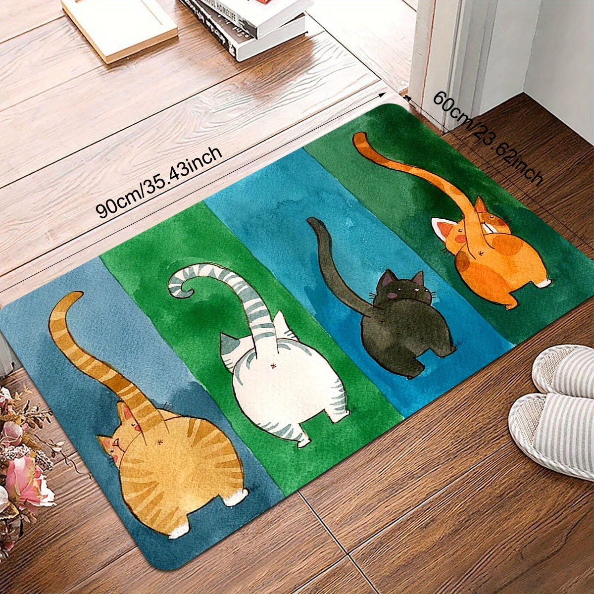 1 piece of a cute cat butt door mat that is anti-slip and dirt resistant, perfect for welcoming guests at your entrance. This non-slip bath rug can be used indoors or outdoors, making it an easy-to-clean patio entrance mat for all seasons.