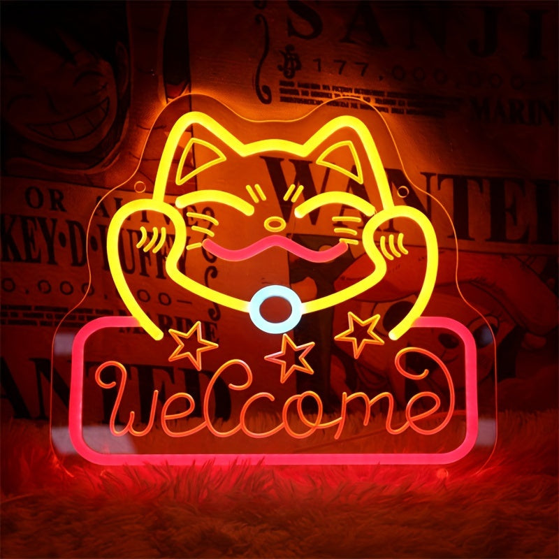 [Custom] Personalized Welcome Cat Neon Sign Light with Transparent Base and USB Interface - Perfect for Room Decoration, Parties, Birthdays, and Holiday Gifts