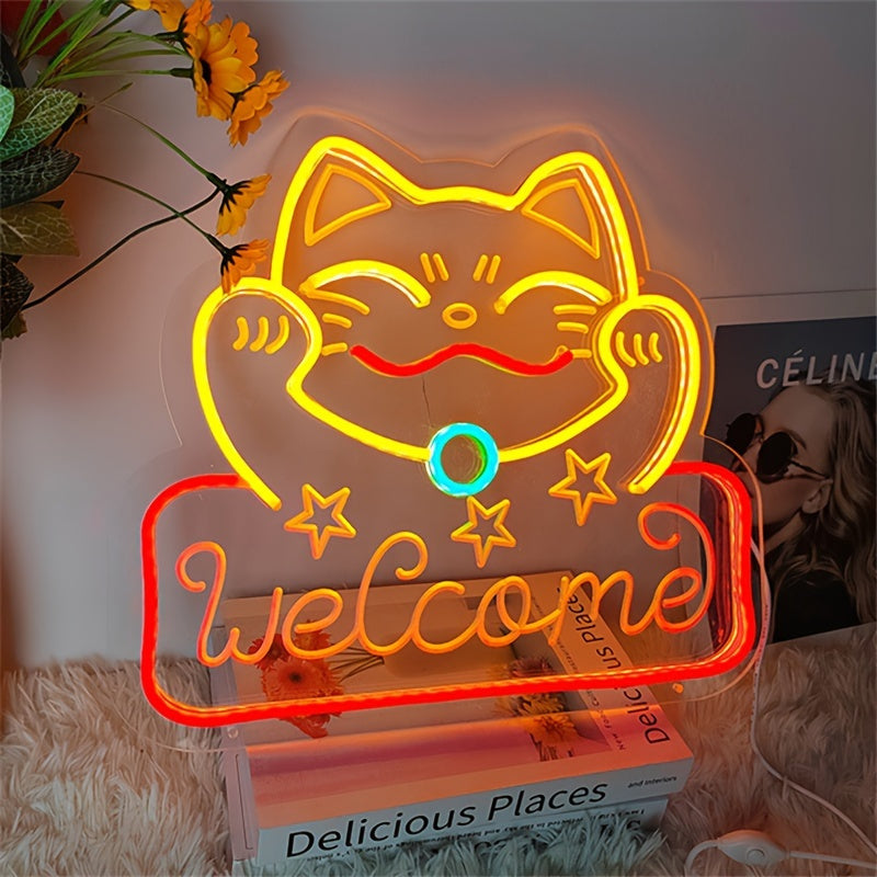 [Custom] Personalized Welcome Cat Neon Sign Light with Transparent Base and USB Interface - Perfect for Room Decoration, Parties, Birthdays, and Holiday Gifts