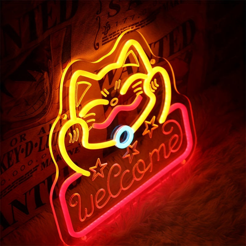 [Custom] Personalized Welcome Cat Neon Sign Light with Transparent Base and USB Interface - Perfect for Room Decoration, Parties, Birthdays, and Holiday Gifts