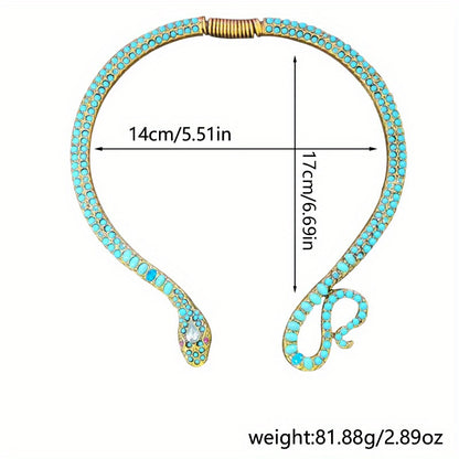 Стильное металлическое ожерелье с бирюзовой инкрустацией и цепочкой на ключице, элегантный дизайн в виде змеи, изготовлено из цинкового сплава — идеально подходит для повседневных нарядов во французском/бохо-стиле.