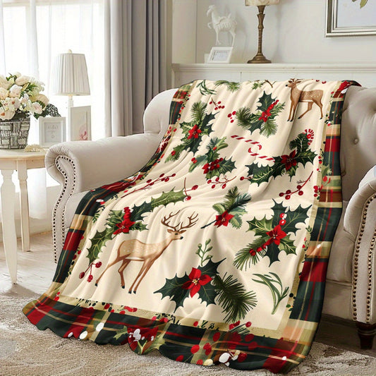 1 piece Cozy Christmas Blanket featuring a Vintage Buffalo Plaid, Holly, Candy Canes, and Reindeer Design - Made from Soft and Warm Polyester Fleece, Perfect for Napping, Camping, Traveling, and Office Decoration - A Wonderful Holiday Gift for loved ones