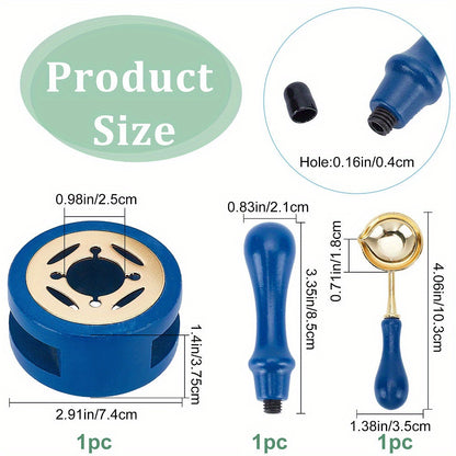 1 package containing 3 round iron wood wax stoves for melting wax seals, complete with a Golden zinc alloy wax seal spoon and a wooden handle steel blue stove.