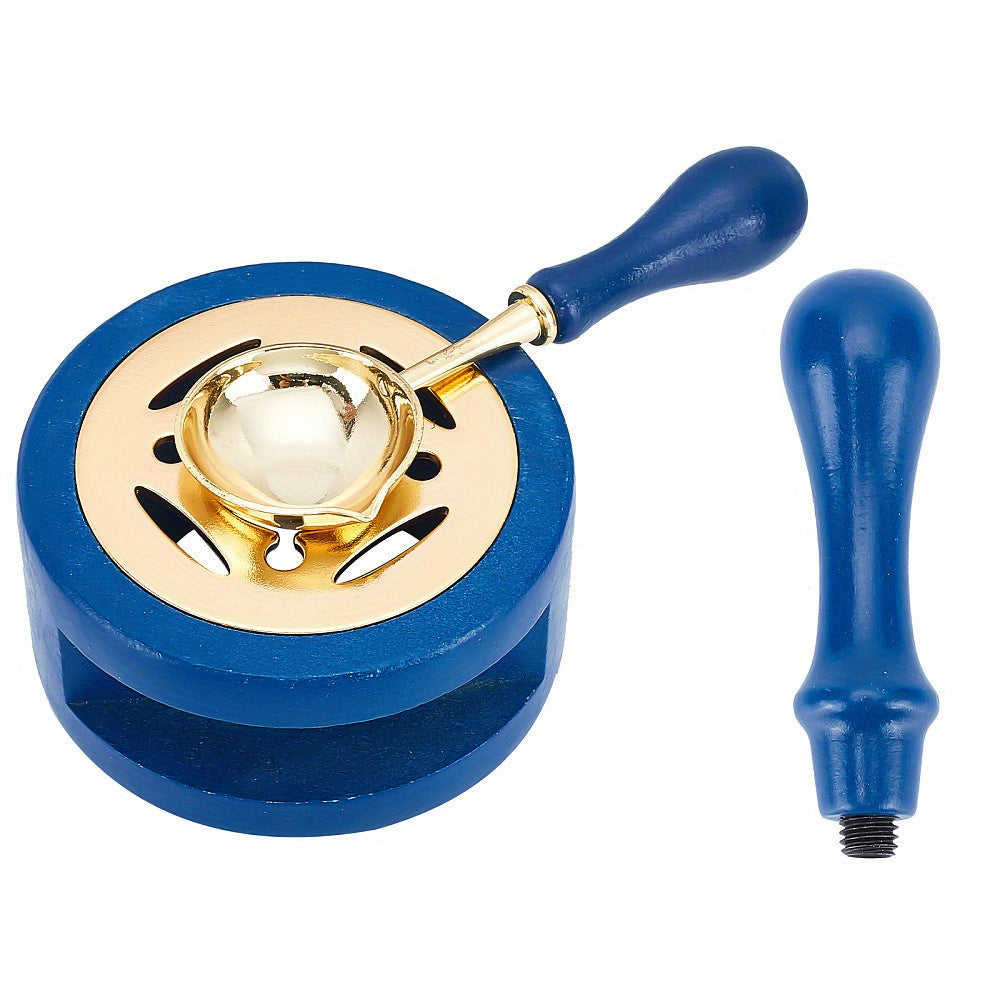 1 package containing 3 round iron wood wax stoves for melting wax seals, complete with a Golden zinc alloy wax seal spoon and a wooden handle steel blue stove.