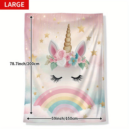 YUZHIYU Soft Flannel Unicorn Blanket - Single Piece, Featuring Digital Print, Made of Polyester, Quilted Design, Lightweight at 200-250gsm, Modern Style with Rainbow, Stars & Clouds Pattern, Versatile Cozy Throw for Year-round Use - Perfect for Naptime