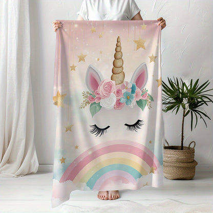 YUZHIYU Soft Flannel Unicorn Blanket - Single Piece, Featuring Digital Print, Made of Polyester, Quilted Design, Lightweight at 200-250gsm, Modern Style with Rainbow, Stars & Clouds Pattern, Versatile Cozy Throw for Year-round Use - Perfect for Naptime