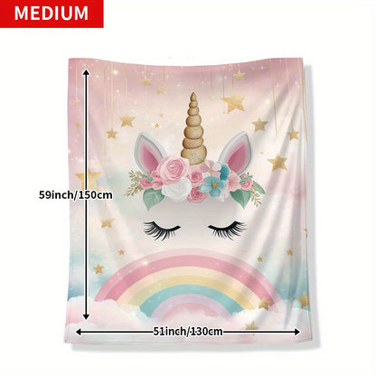 YUZHIYU Soft Flannel Unicorn Blanket - Single Piece, Featuring Digital Print, Made of Polyester, Quilted Design, Lightweight at 200-250gsm, Modern Style with Rainbow, Stars & Clouds Pattern, Versatile Cozy Throw for Year-round Use - Perfect for Naptime