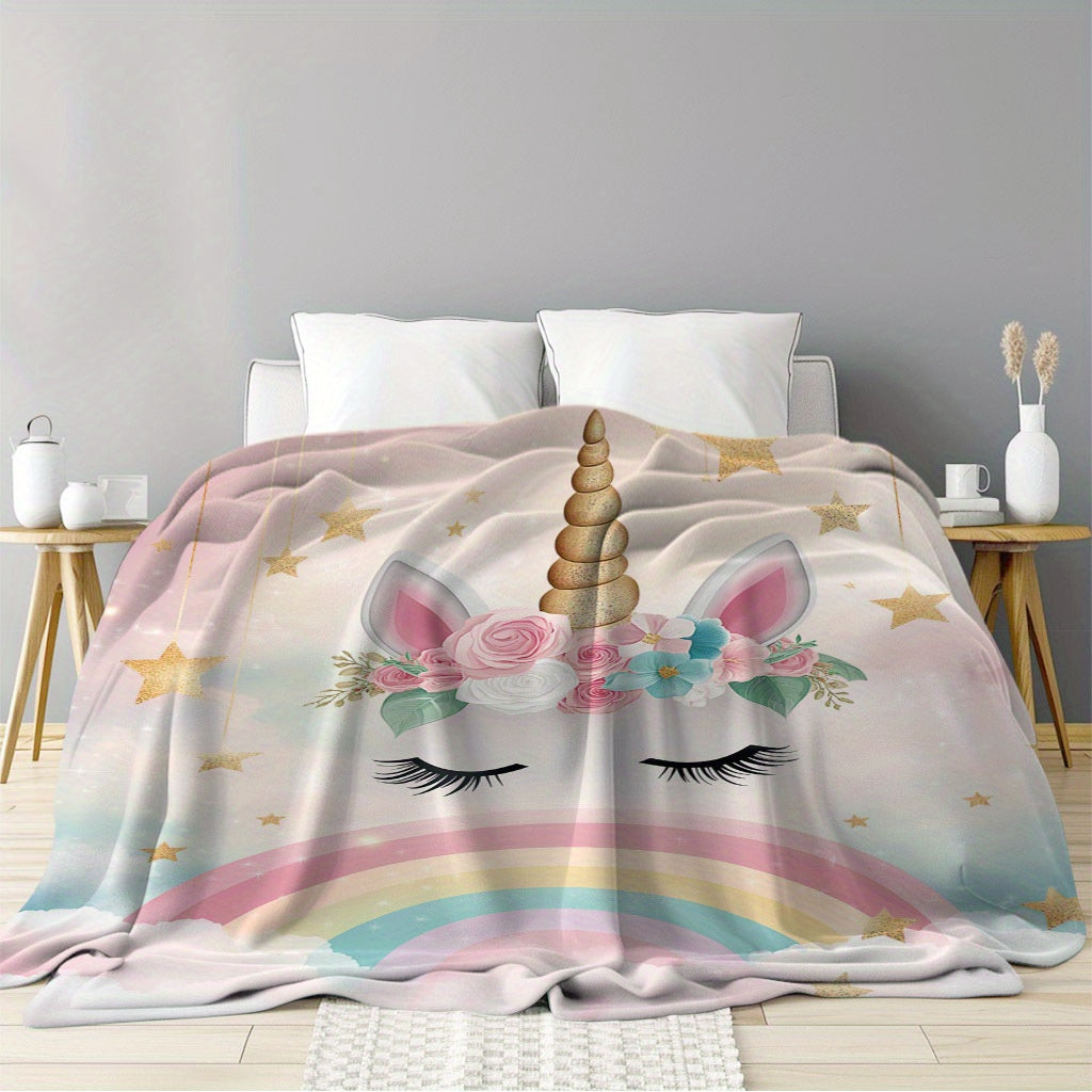 YUZHIYU Soft Flannel Unicorn Blanket - Single Piece, Featuring Digital Print, Made of Polyester, Quilted Design, Lightweight at 200-250gsm, Modern Style with Rainbow, Stars & Clouds Pattern, Versatile Cozy Throw for Year-round Use - Perfect for Naptime