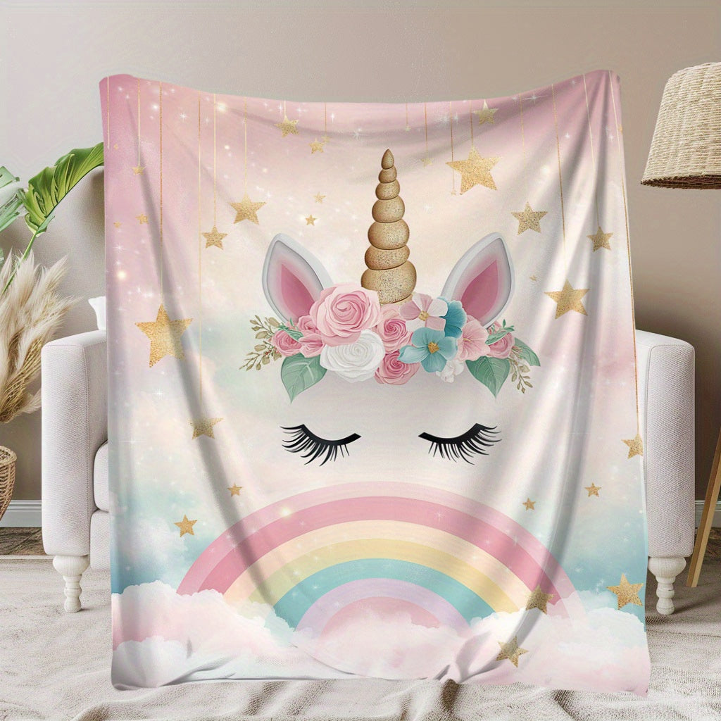 YUZHIYU Soft Flannel Unicorn Blanket - Single Piece, Featuring Digital Print, Made of Polyester, Quilted Design, Lightweight at 200-250gsm, Modern Style with Rainbow, Stars & Clouds Pattern, Versatile Cozy Throw for Year-round Use - Perfect for Naptime