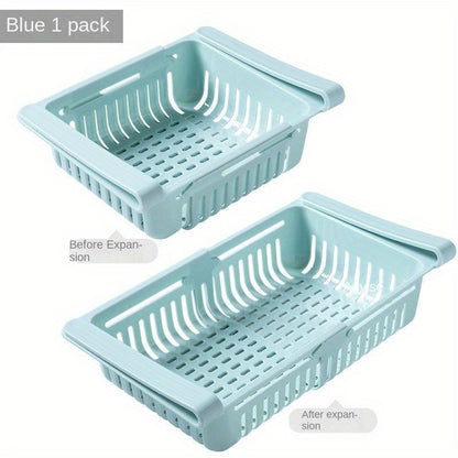 1 Piece Adjustable and Stretchable Refrigerator Storage Organizer Drawer - Made of Premium Plastic, Food-Safe Fridge Basket, Space-Saving Kitchen Organization Accessory.