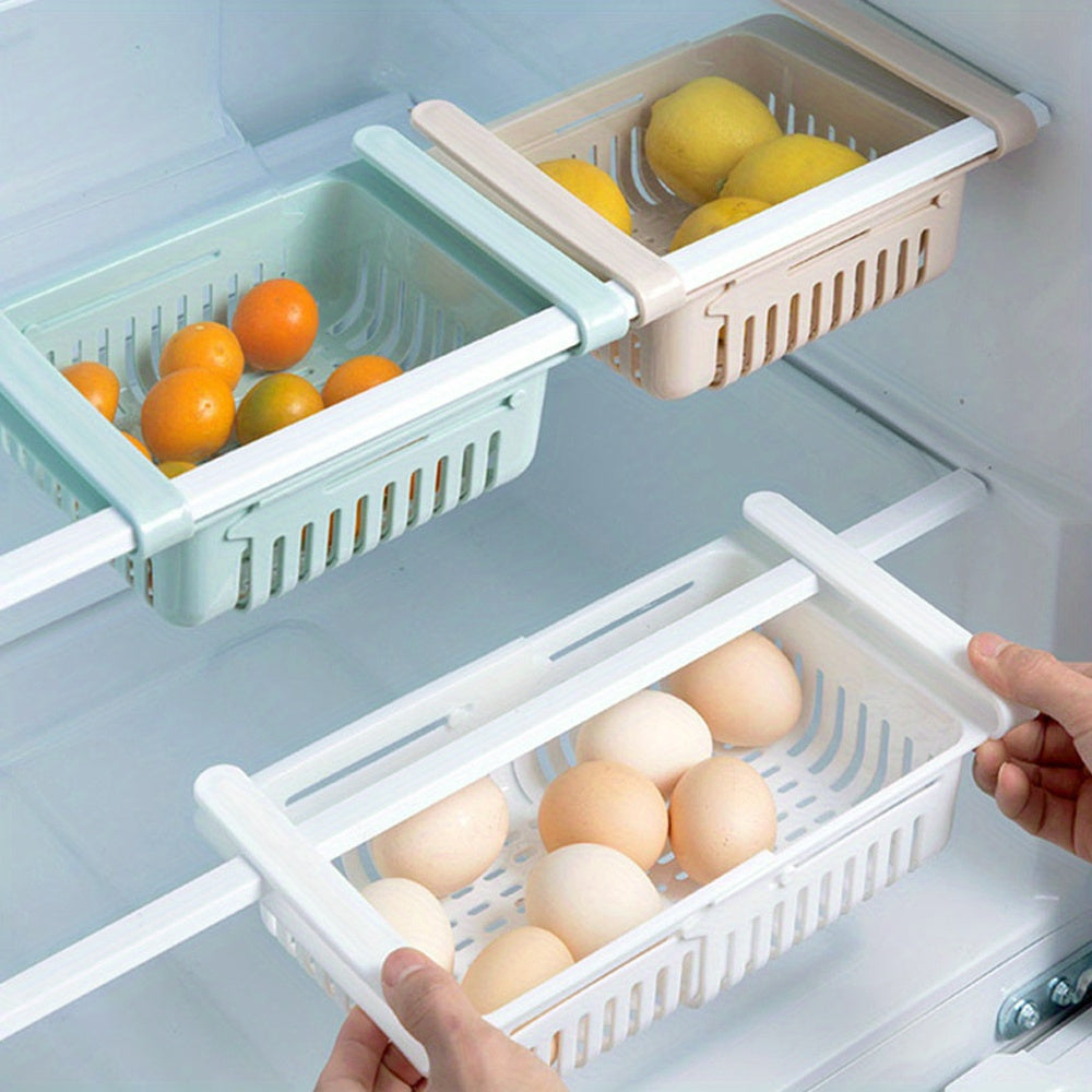 1 Piece Adjustable and Stretchable Refrigerator Storage Organizer Drawer - Made of Premium Plastic, Food-Safe Fridge Basket, Space-Saving Kitchen Organization Accessory.