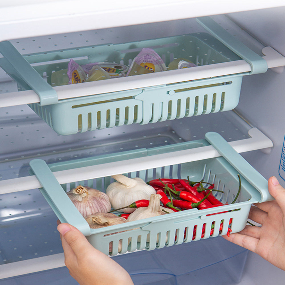 1 Piece Adjustable and Stretchable Refrigerator Storage Organizer Drawer - Made of Premium Plastic, Food-Safe Fridge Basket, Space-Saving Kitchen Organization Accessory.