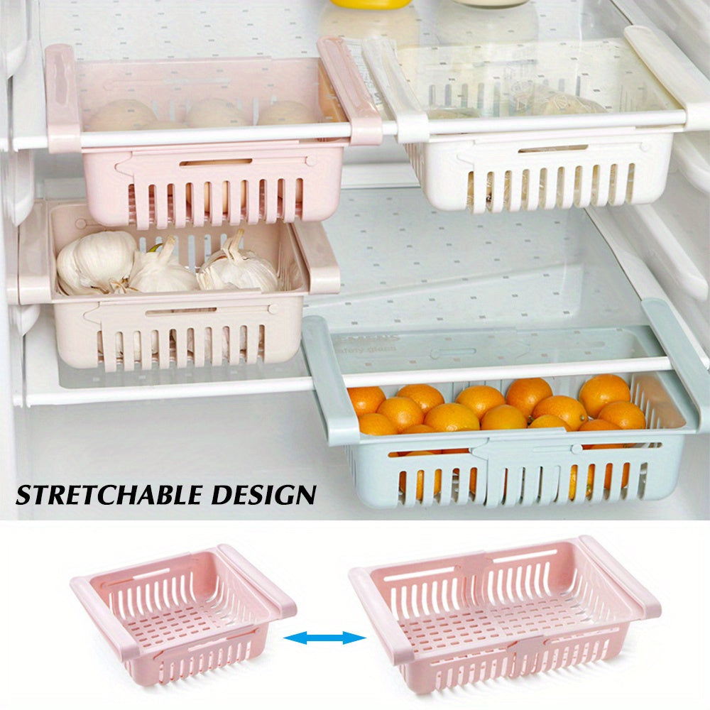 1 Piece Adjustable and Stretchable Refrigerator Storage Organizer Drawer - Made of Premium Plastic, Food-Safe Fridge Basket, Space-Saving Kitchen Organization Accessory.